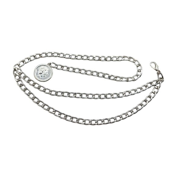 Women Silver Metal Chain Link Belt Hip High Waist Medallion Coin Charm M L XL